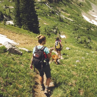 hubertus dolomites Völs am Schlern | Erkunde die Seiser Alm in ihrer natürlichen Pracht zu allen Jahreszeiten Drei Frauen mit einem Hund wandern auf einem Weg auf der Seiser Alm.