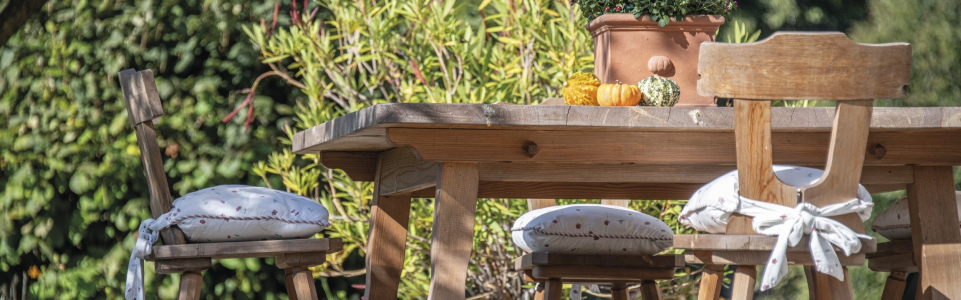 Ein alter Holztisch und Stühle im blühenden und wachsenden grünen Garten.