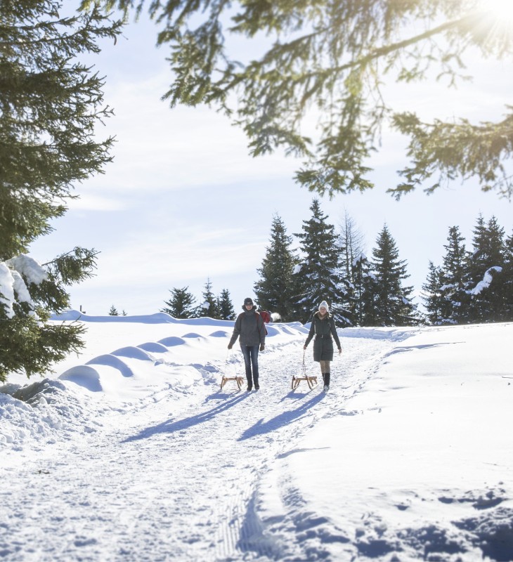 Zwei Rodler in einer verschneiten Winterlandschaft.