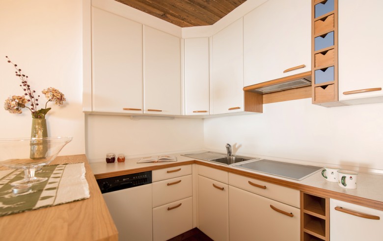 Die Küche der Wohnung. Sie besitzt eine Spühlmaschine sowie eine Herdplatte.